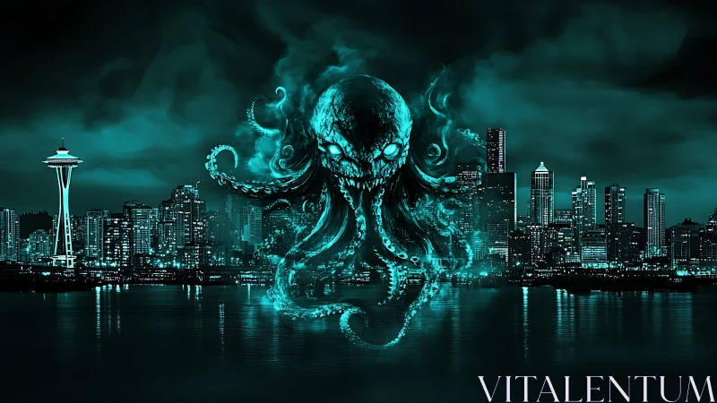Eldritch sea monster rises over neon-lit Seattle skyline.