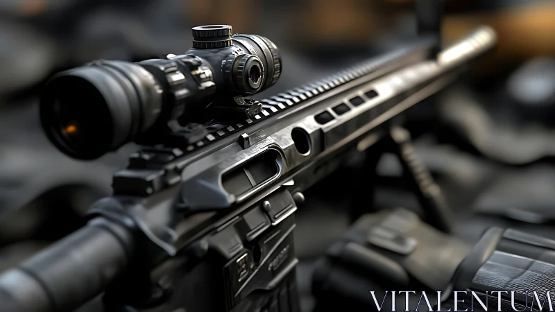 Precision rifle with mounted optic on tactical surface.
