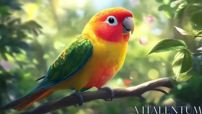 Vibrant parrot on branch in sunlit forest, digital art style.