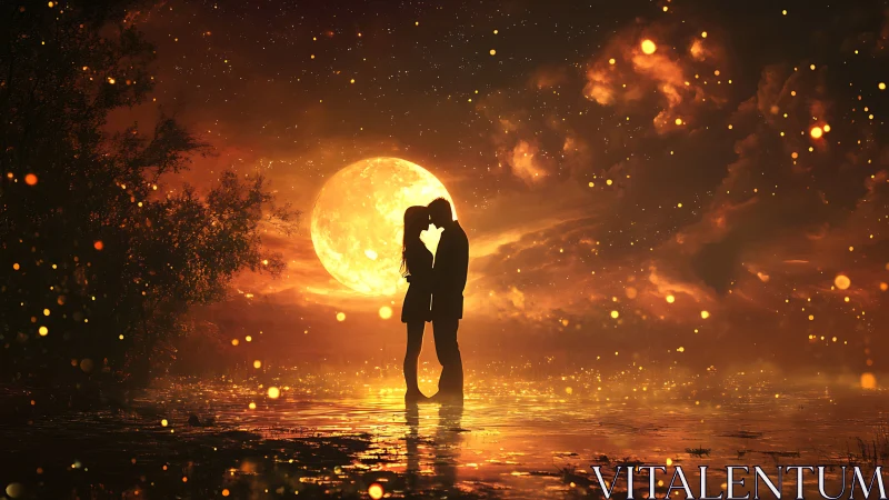 Silhouetted couple kiss under massive golden moon