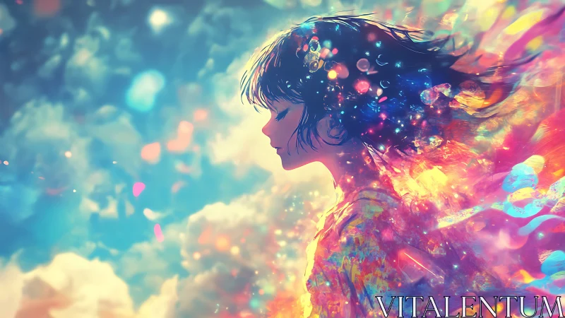 Side profile of girl in luminous abstract color field.