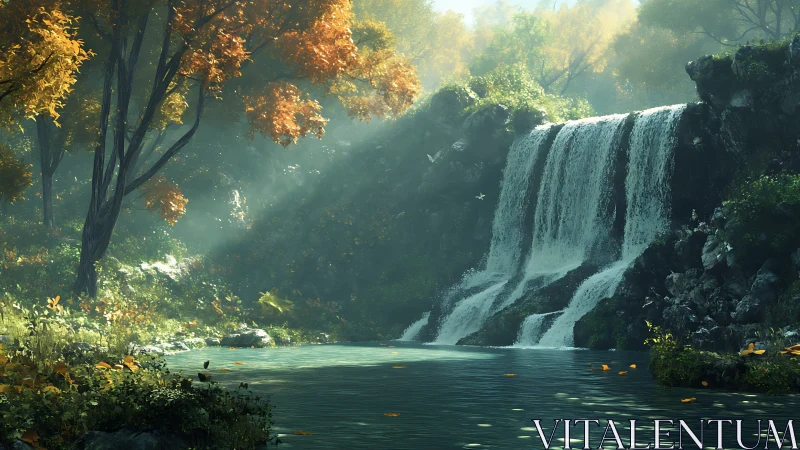 Sunlit autumn waterfall in misty forest glade environment.