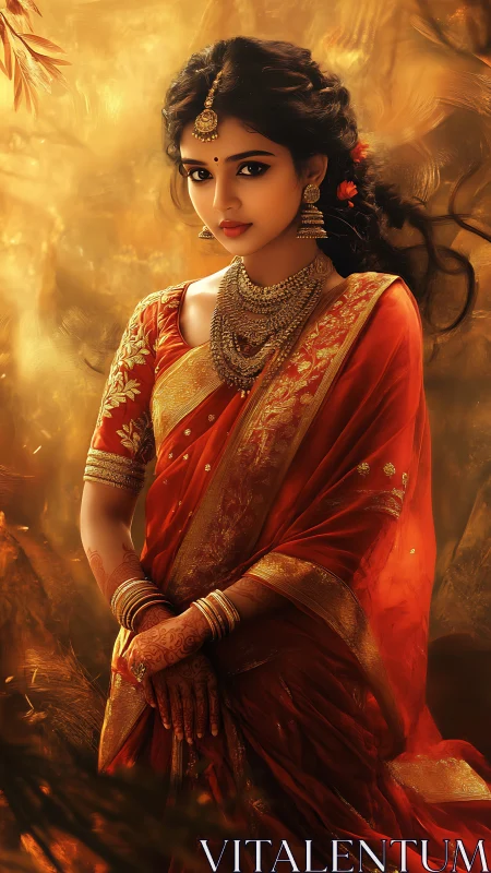 Woman in red sari with gold jewelry against warm background.