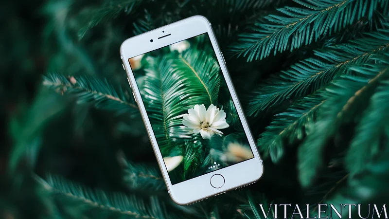 Smartphone screen frames white flower amid saturated fir foliage