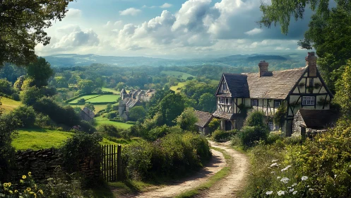 Rural hillside village with cottage and winding dirt track.