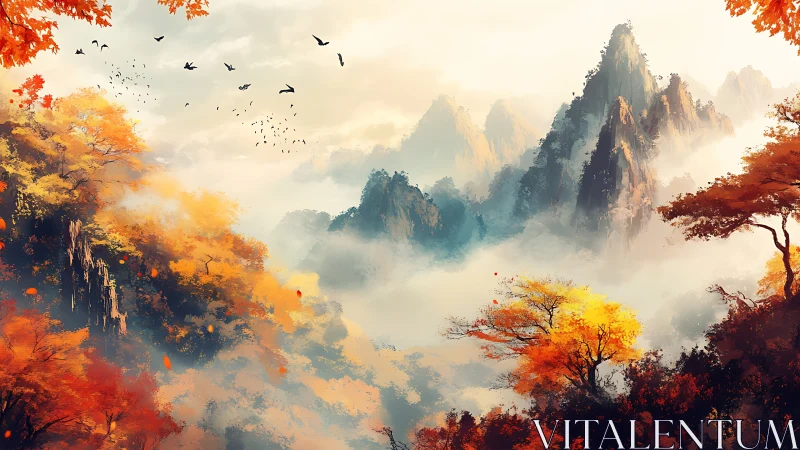 Digital painting of misty autumn mountains with radiant foliage.