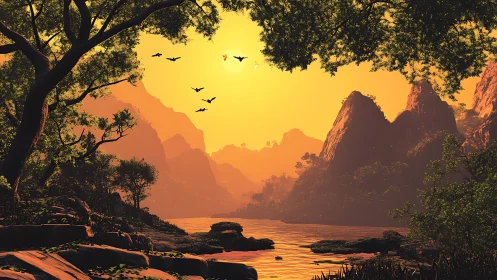 Sunlit river valley framed by dense trees and sharp peaks