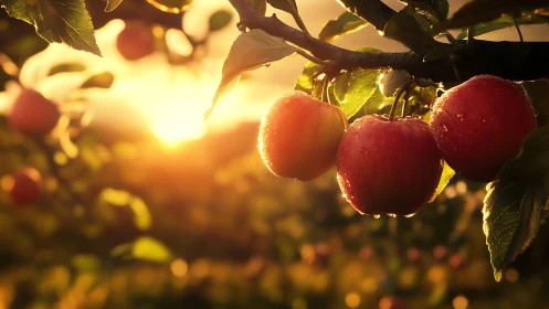 Ripe apples on tree branch in low sunlight at orchard edge.