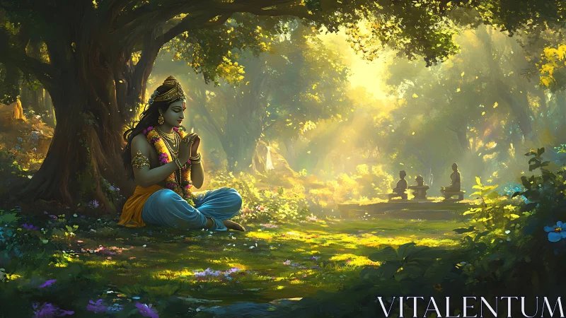 Sunlit forest meditation where devotion hums with blossoms.