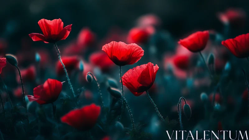 Vibrant Red Poppies Against Dark Teal Background.