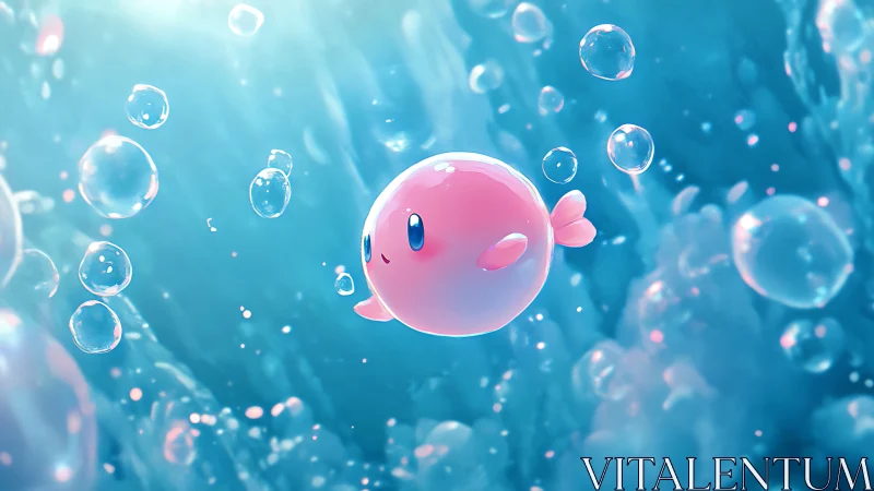 Playful pink orb character drifting through teal bubbles.