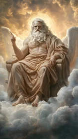 Powerful bearded deity seated on a glowing cloud throne.