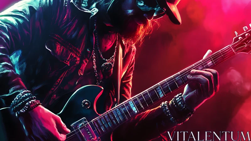 Electric guitarist in colored stage lighting close-up view.