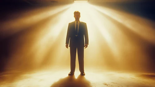Man in suit stands under intense overhead spotlight rays