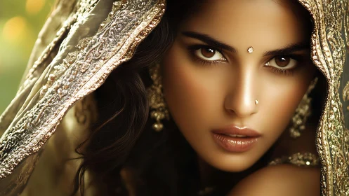 Bridal portrait highlights jeweled veil and intense gaze.