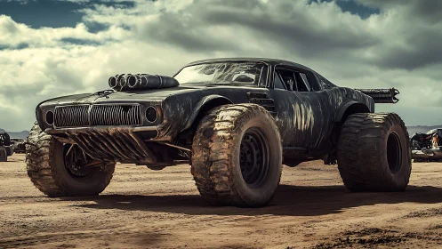 Post apocalyptic muscle car with oversized desert tires.