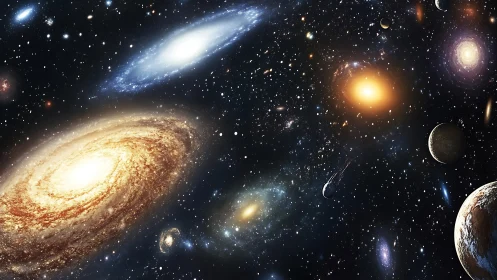 Spiral galaxies and planets across luminous deep space field.