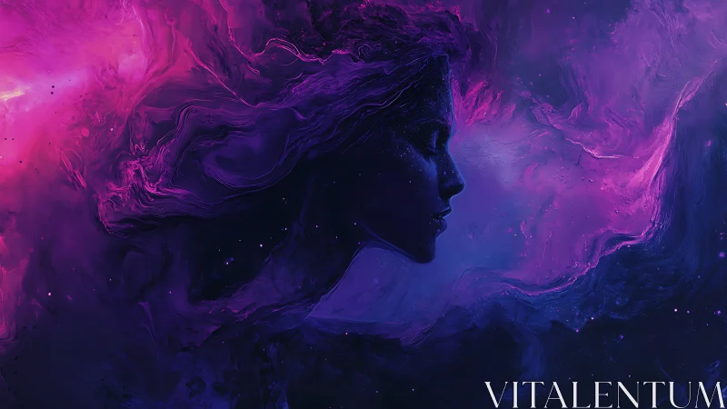 Nebula-born profile in luminous cosmic purplescape.