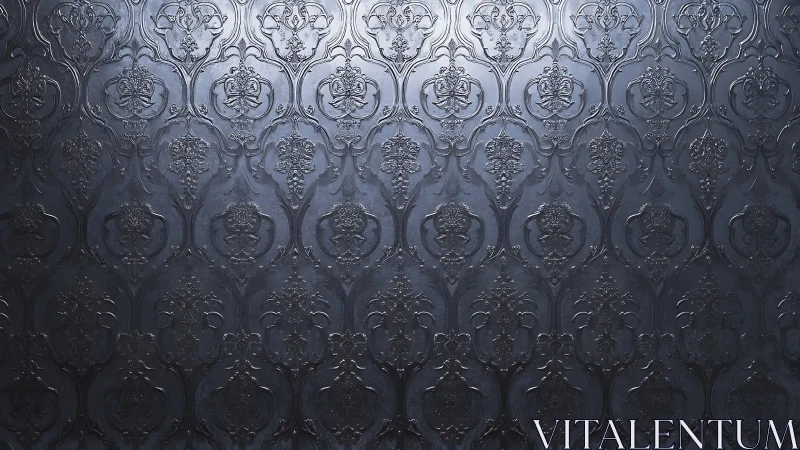 Metallic baroque damask wall shows embossed symmetric relief
