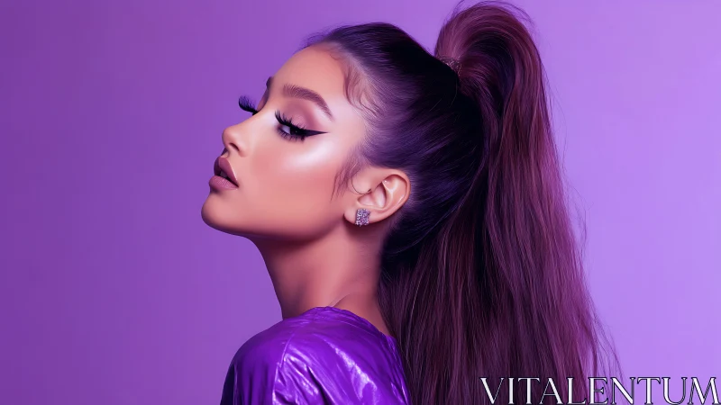 Profile portrait of woman in purple monochrome studio.