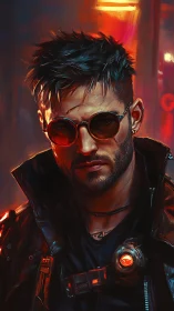 Cyberpunk male portrait with neon city background at night.