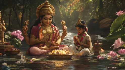 Divine mother and child in lotus-filled river, high-detail lighting
