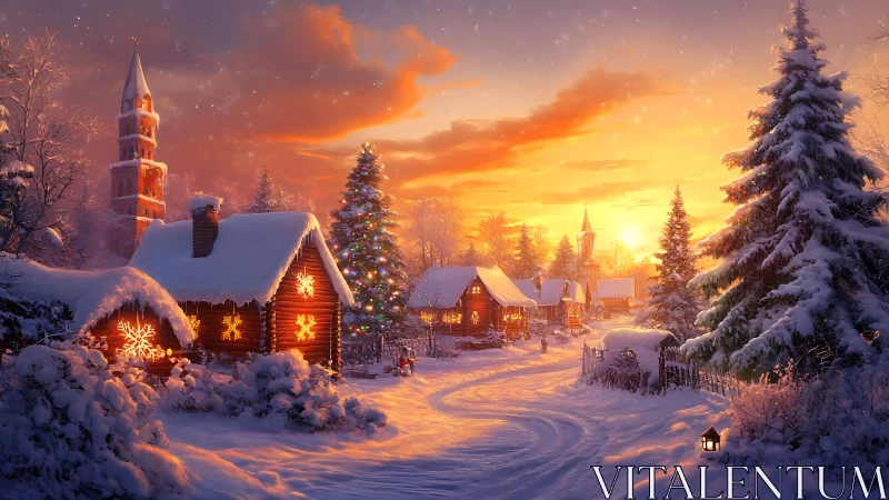 Snowlit village glows under ember-bright Christmas sunset.
