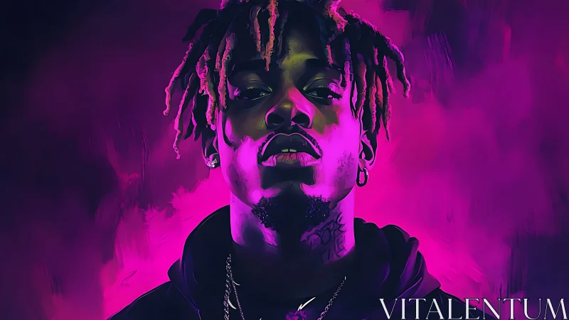 Neon-lit portrait of rapper in bold magenta glow.