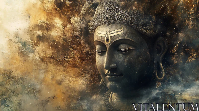 Divine stone visage in gilded cosmic mist abstraction.