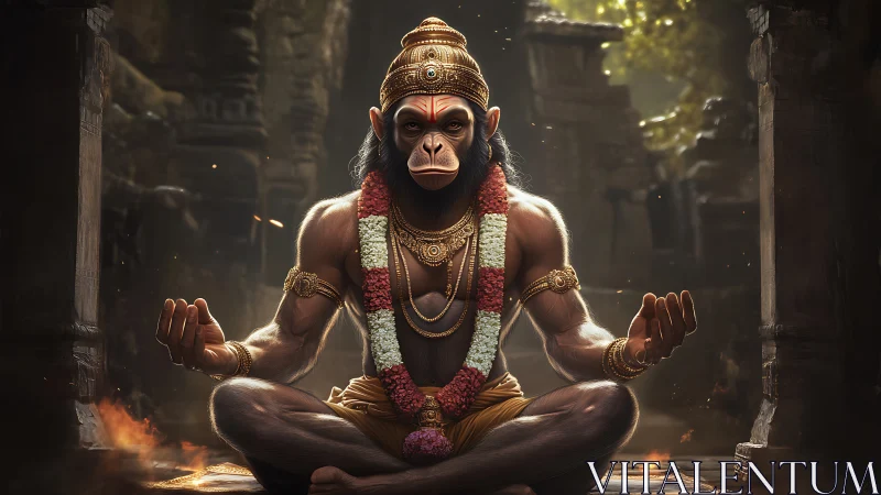 Simian-headed figure sits cross-legged in temple interior