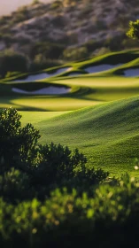 Undulating golf course fairway with bunkers and rough terrain.