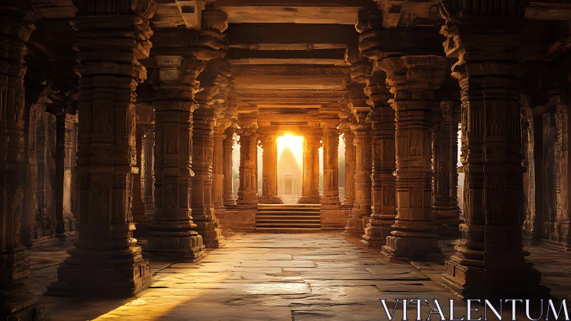 Stone pillared temple corridor with central sunlit entrance.