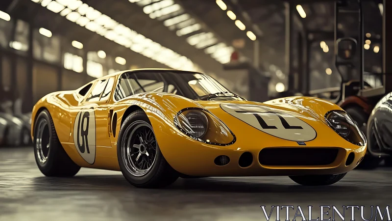 Low-slung vintage race car under warm industrial lights.