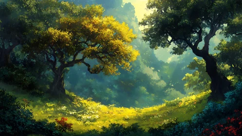 Enchanted Forest Glade with Golden Flowering Trees.
