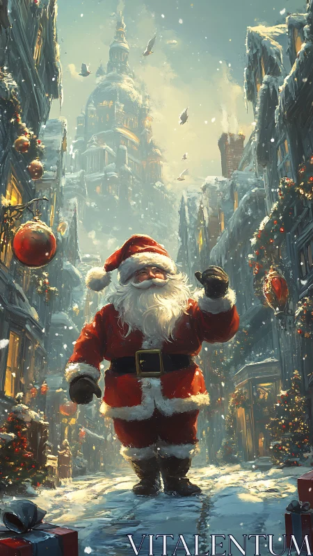 Santa in snow-covered European street with cathedral backdrop