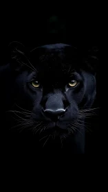 Black panther portrait with golden eyes against dark background.
