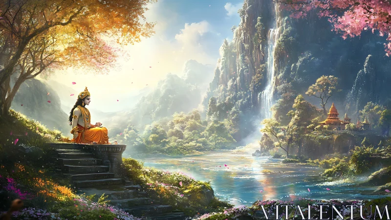 Serene deity meditating beside river in lush mountain valley.