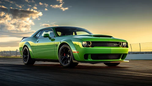 Green sports coupe on racetrack at sunset, side front view.
