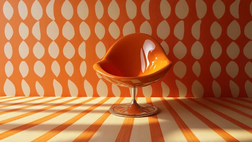 Retro orange pod chair against bold geometric wallpaper.