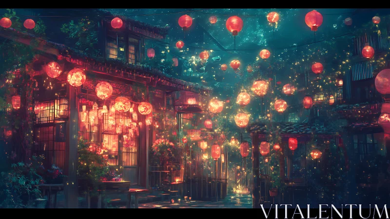 Lantern-lit courtyard street under cinematic midnight sky.