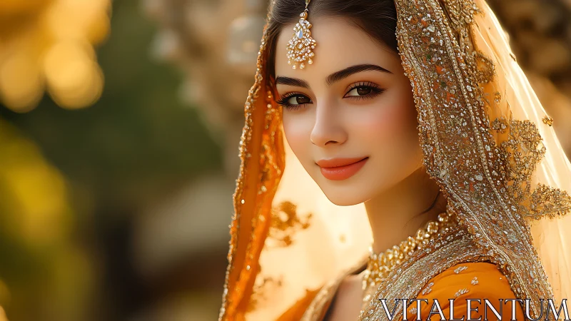 Golden hour bridal portrait in ornate embroidered dupatta veil