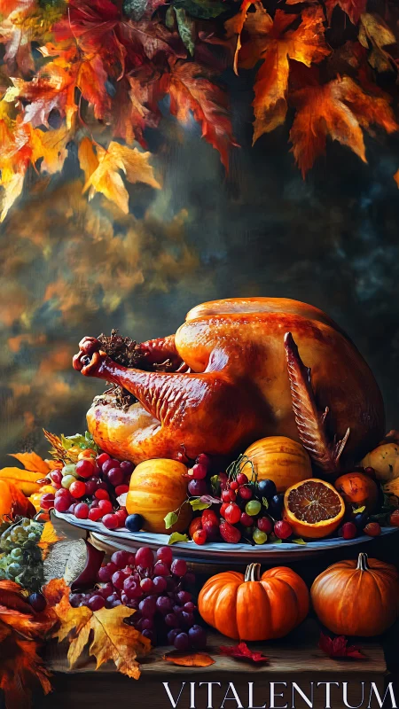 Roasted turkey rests on autumn harvest table with fruit