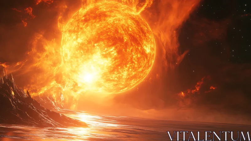 Stellar plasma giant over molten shoreline with radiative flares.