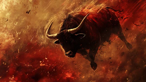 Dynamic charging bull in fiery abstract digital painting composition.