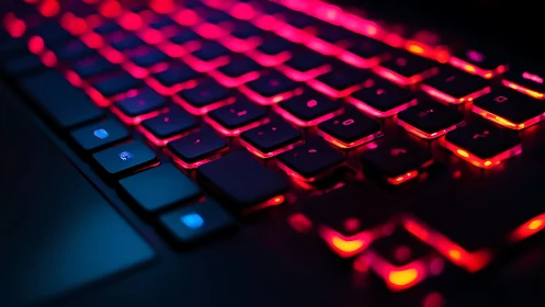 Low-angle view of backlit keyboard with red LED lighting.