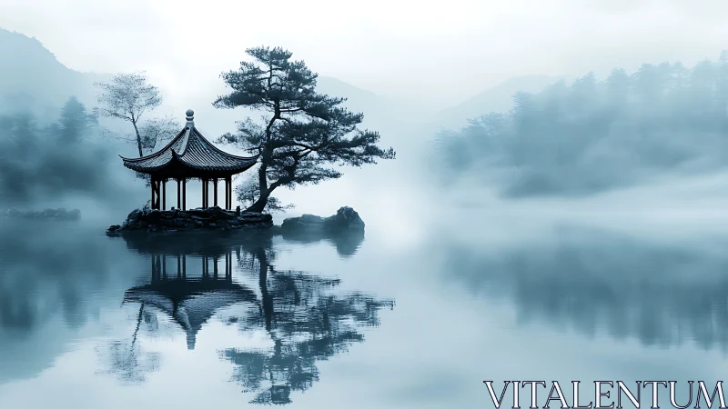 Misty lakeside pavilion on islet with pine reflection symmetry