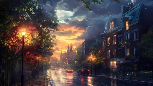 Street scene records wet roadway at dusk under clouds