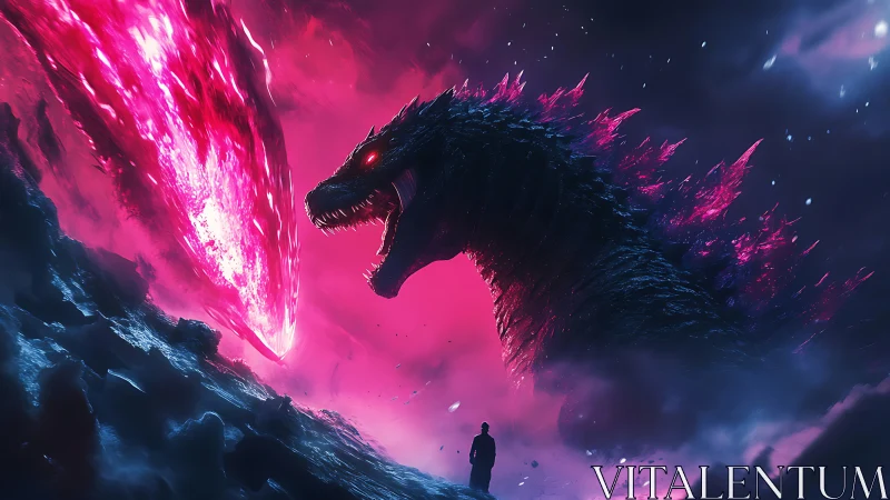 Colossal neon kaiju confronting lone figure in storm glow