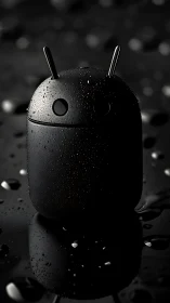 Black android figurine with water droplets on reflective surface.
