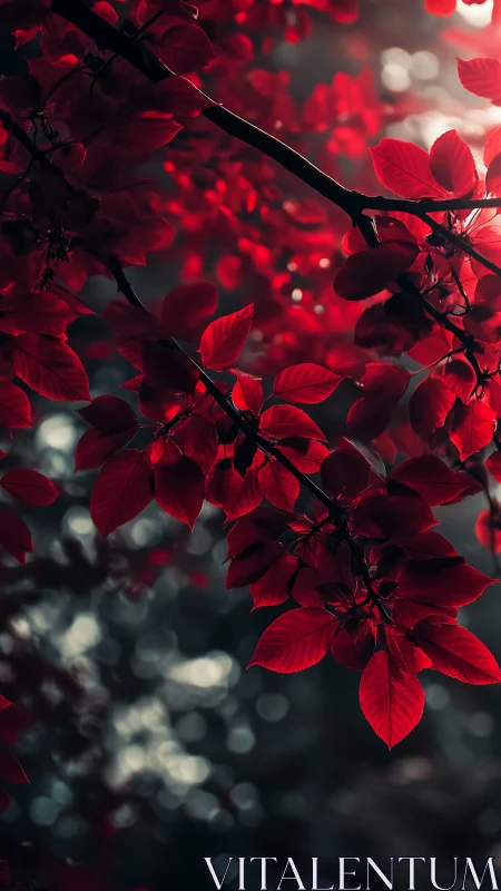 Crimson leaves glowing against moody bokeh forest dusk.